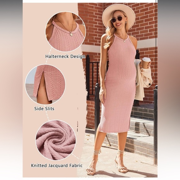 Ekouaer Maternity Dress Rib Knit Side Slit Stretchy Bodycon Pregnancy Dress - Picture 2 of 5